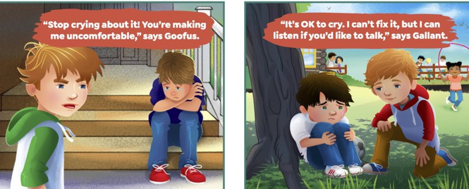 On the left, Goofus says to a sad boy, 