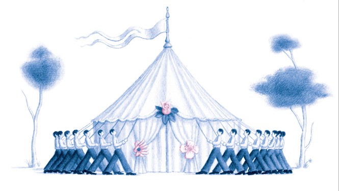 illustration of army of people with ropes holding up wedding tent