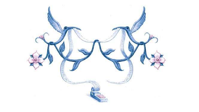 illustration of bird-shaped flowers holding adding-machine tape in their beaks