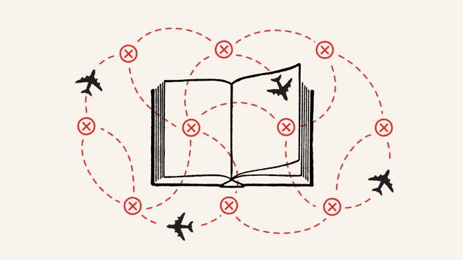 An original illustration of planes cris-crossing an open book.