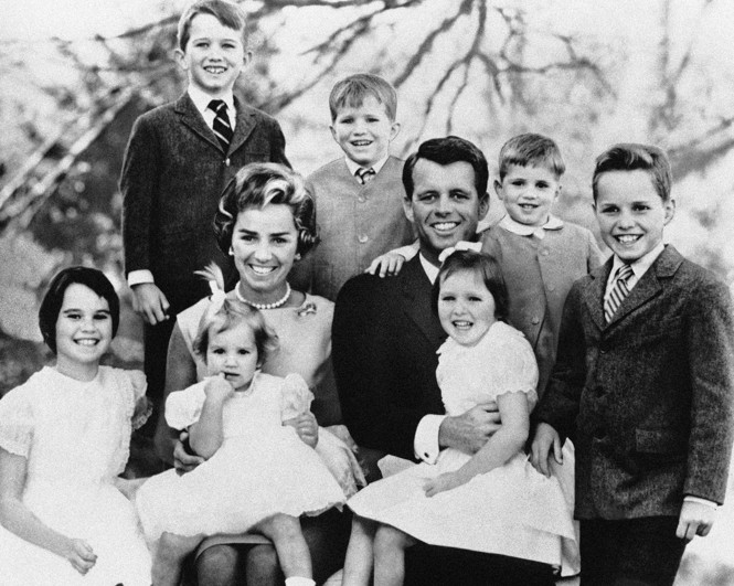 Picture of Robert F. Kennedy and his wife Ethel with their seven children, Feb. 10, 1963. (Mrs. Kennedy was expecting their eighth child in June.) The boys, from left, are Robert Jr., 8, David, 7; Michael, 4; and Joe, 10. The girls, from left, are Kathleen, 11; Kerry, 3; and Mary Courtney, 6. (AP Photo)