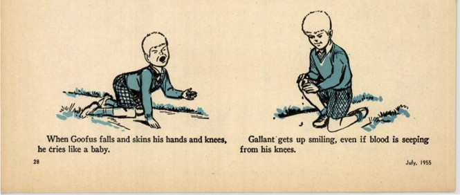 On the left, Goofus is on his hands and knees, crying. On the right Gallant smiles while holding his knee dripping with blood