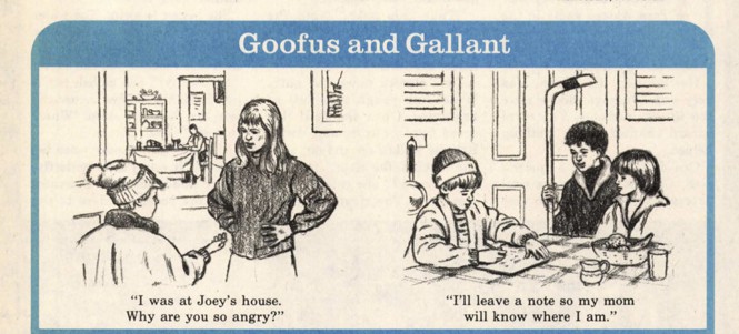 On the left, Goofus says to his mother, 