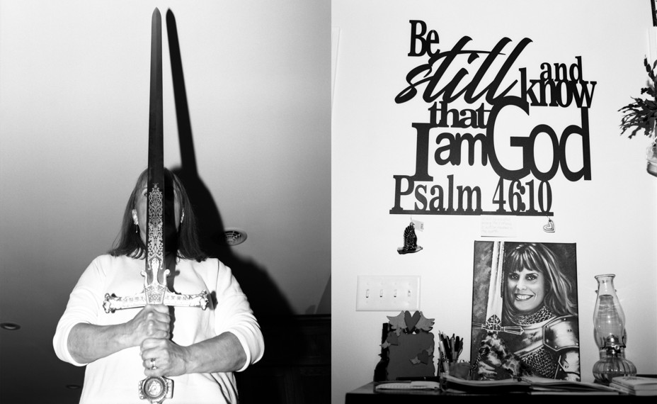 A woman holding a sword next to a wall with Psalm 46:10 written on it along with trinkets on a table