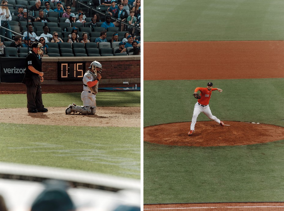 2 photos: umpire stands behind catcher kneeling with pitch clock in background; pitcher on mound mid-pitch