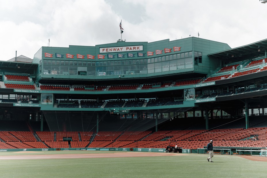 photo of empty Fenway Park looking toward home plate from outfield
