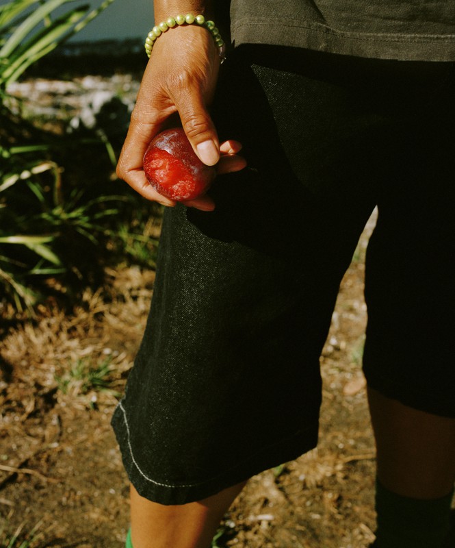 a male wearing shorts outside holds a plum