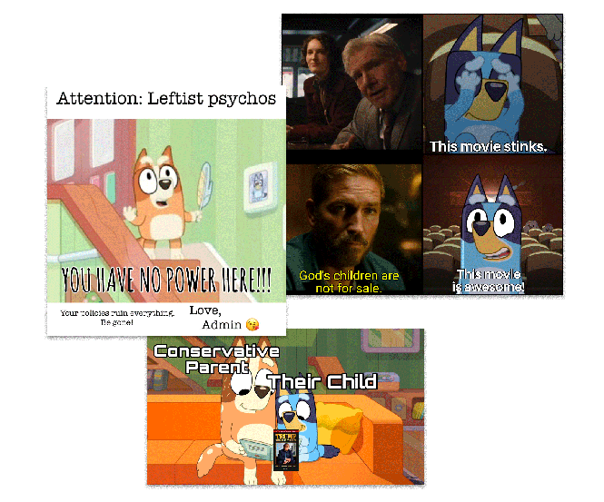 collage of three memes featuring Bluey that were posted to the Bluey Memes group.