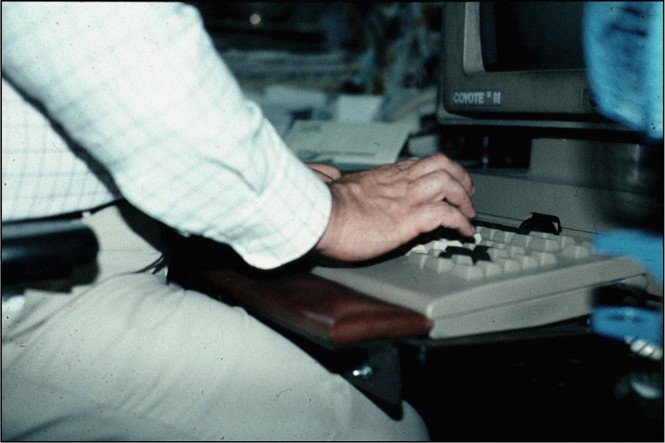 image from 1989 of a computer workstation