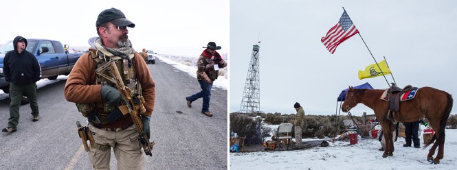 Left photograph showing an armed man standing guard as vehicles carrying members of the 3% of Idaho and the Pacific Patriots Network arrive at the Malheur National Wildlife Refuge headquarters near Burns, Ore., on January 9, 2016.Right photographing showing an early morning at the front gate guard post during the Bundy occupation of Malheur National Wildlife Refuge, OR January 16, 2016 