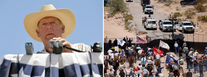 Left photograph showing Cliven Bundy speak during a news conference near his ranch on April 24, 2014 in Bunkerville, Nevada. (David Becker/Getty) Right photograph showing protesters gathering at the Bureau of Land Management's base camp, where cattle that were seized from rancher Cliven Bundy are being held, near Bunkerville, Nevada April 12, 2014.