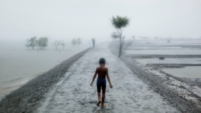 A child walking on a path near water.