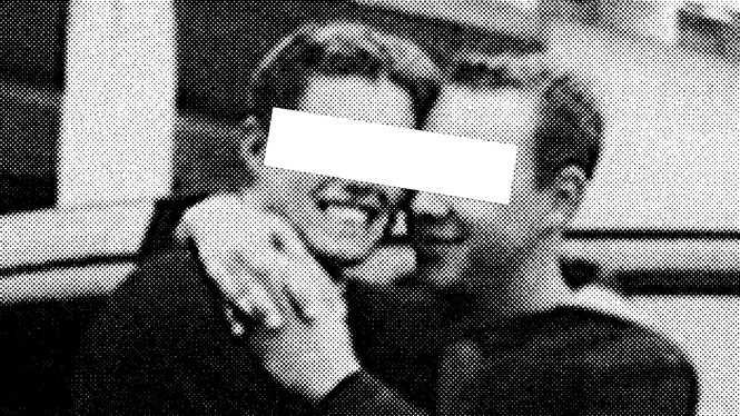 A pixelated image of two gay men embracing each other, with a white bar covering their eyes