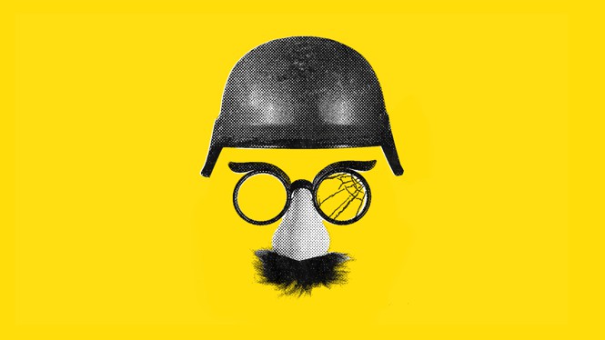 An illustration showing a military helmet, broken glasses, and a fake nose and mustache