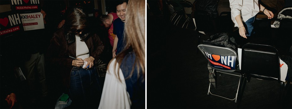 Left photograph showing Nikki Haley signing autographs after the town-hall. Right photograph showing an empty chair after the town-hall ended. 