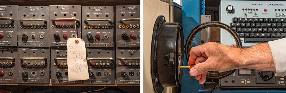 2 photos: stack of old radio equipment with paper tag; man's hand inserting key with keyboard and equipment behind