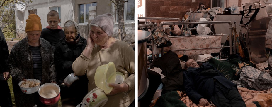 Diptych: people wait for food with plastic bowls; a man sleeps in a mess of furniture and other things.