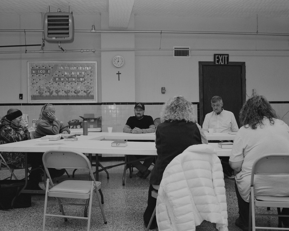 Picture of people gathering before a meeting of the Saltville 12 Step Recovery Group in the basement of Madam Russell Memorial United Methodist Church in Saltville, Virginia