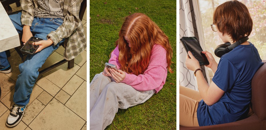 Triptych: teens on their phones at the mall, park, and bedroom