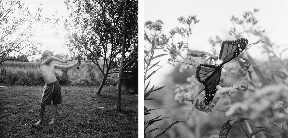 BW diptych: a boy shoots an arrow, a praying mantis catches a butterfly