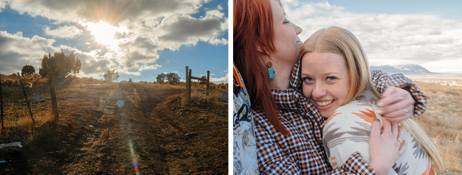 2 photos: sunlit hill with trees, fence, and partially cloudy blue sky; red-haired woman hugs blonde girl looking at camera with sky and mountains in background