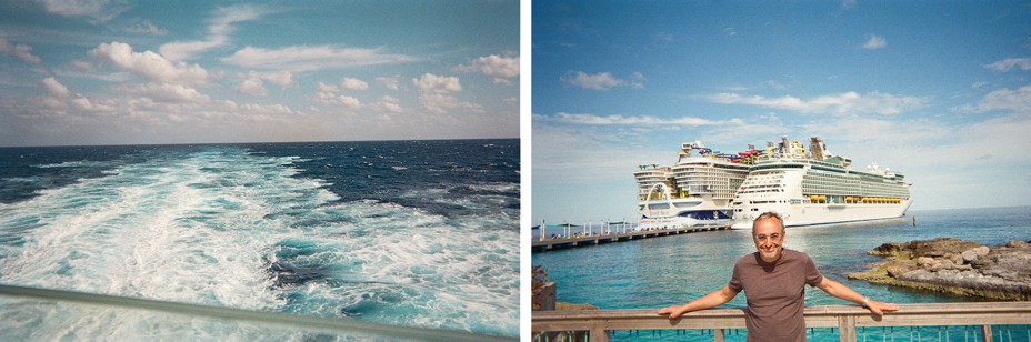 2 photos: a ship's foamy white wake stretches to the horizon; a man at reailing with water and two large ships docked behind