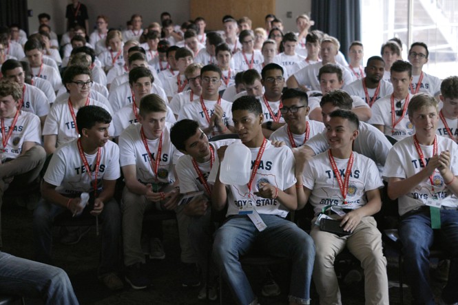 A crowd of teenage boys in a scene from 'Boys State'