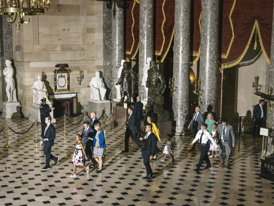 Picture of Mike Johnson walking through Statutory Hall moments before the articles of impeachment headed to the Senate on April 16, 2024 in Washington, D.C. 
