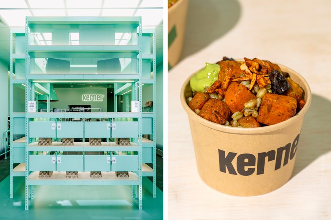 A wall of green cubbies at Kernel next to a bowl of roasted carrots