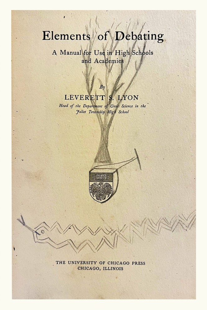 the cover of a debate book on which hemingway drew a tree and a snake