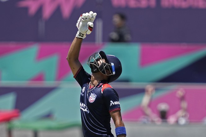 United States' captain Monank Patel looks skywards to celebrate scoring fifty runs during the ICC Men's T20 World Cup cricket match between United States and Pakistan at the Grand Prairie Stadium in Grand Prairie, Texas, Thursday, June 6, 2024.