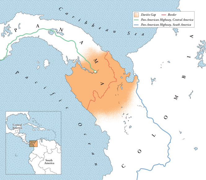 Mapa ilustrado de Panamá y Colombia que muestra el área del Tapón del Darién, la frontera y los extremos norte y sur de la Carretera Panamericana