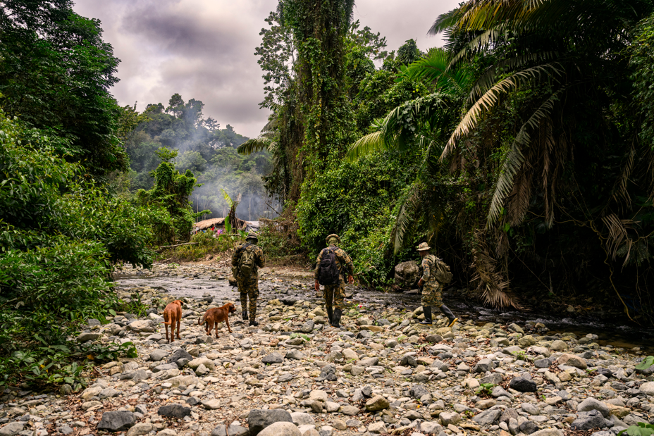photo of 3 uniformed soldiers and 2 dogs walking a rocky stream bed with jungle on both sides toward structures in the distance, with campfire smoke