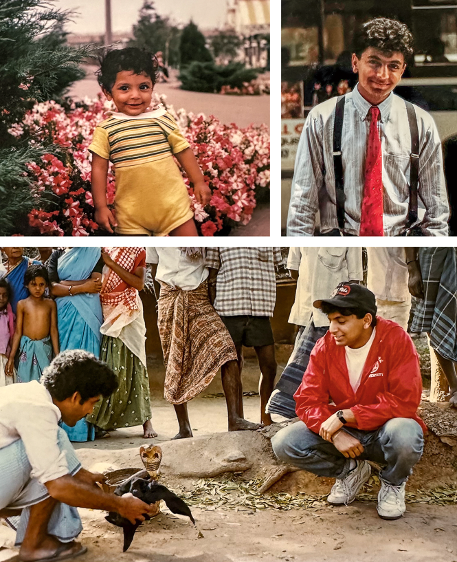 3 photos: small boy smiling in front of flowers; young man smiling in shirt, suspenders, and red tie; man in baseball hat and red jacket squats on movie set, surrounded by people