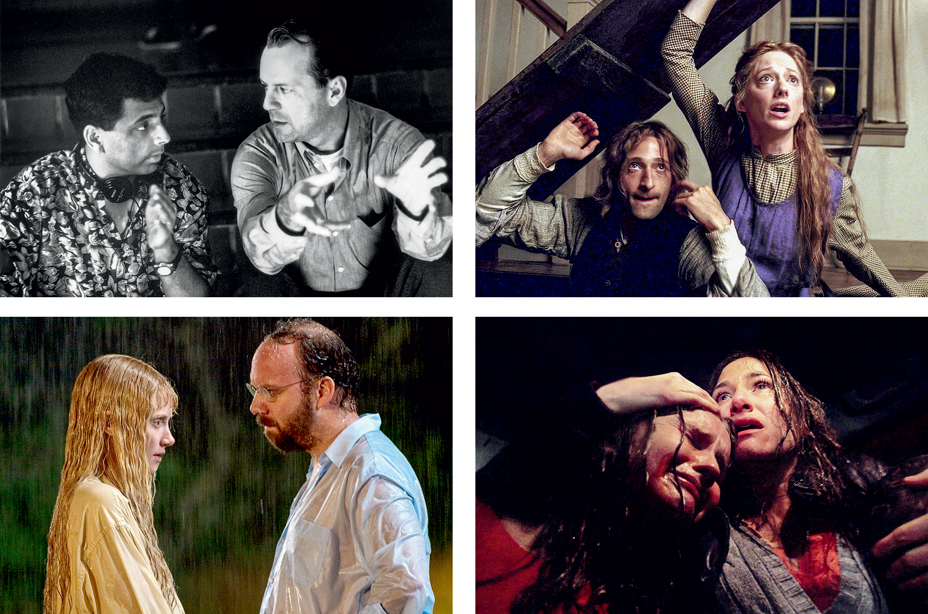 4 photos: black-and-white pic of Bruce Willis gesturing while Shyamalan listens; color photo of two surprised people with hatch; two women weeping, one holding the other's forehead; a long-haired girl and bearded man stand face-to-face in pouring rain.