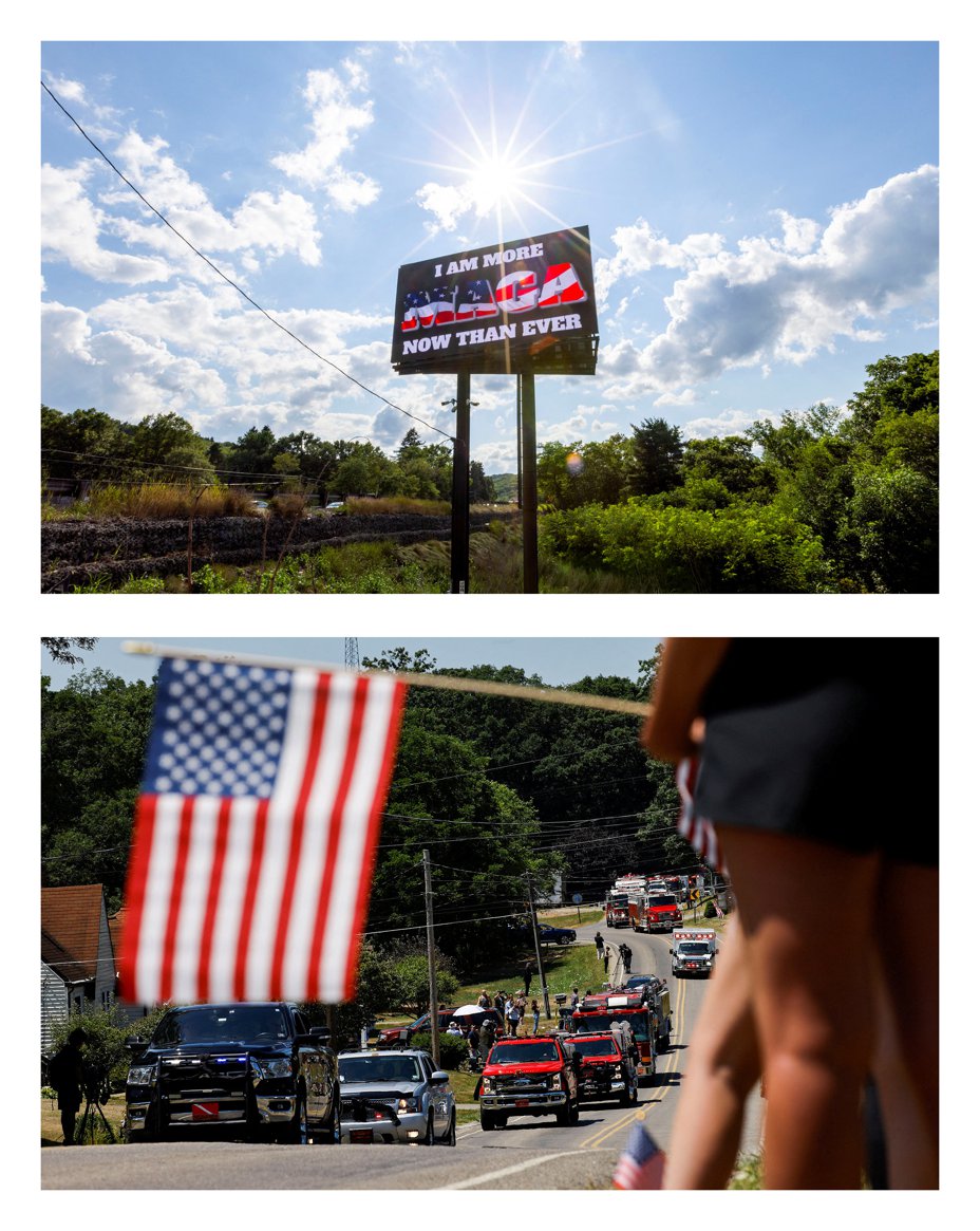 a diptych showing scenes in Butler, Pennsylvania days after Trump's attempted assassination 