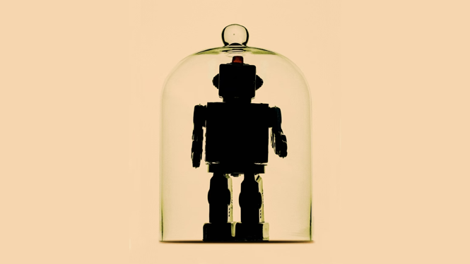 A robot in a glass bell jar