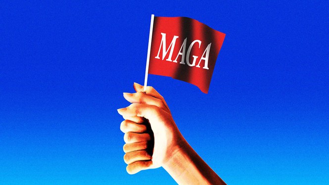 A glitchy hand holds a MAGA flag