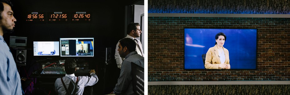 diptych of the interior of Amu TV's control room on the left and a TV set on the right