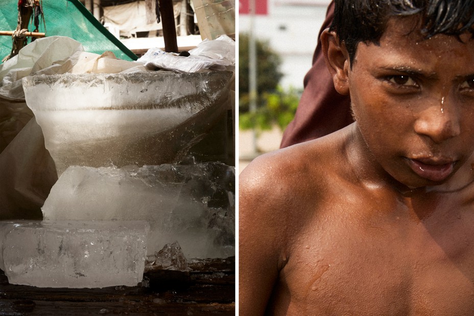 diptych of an ice block sold at markets and a boy sweating in the streets