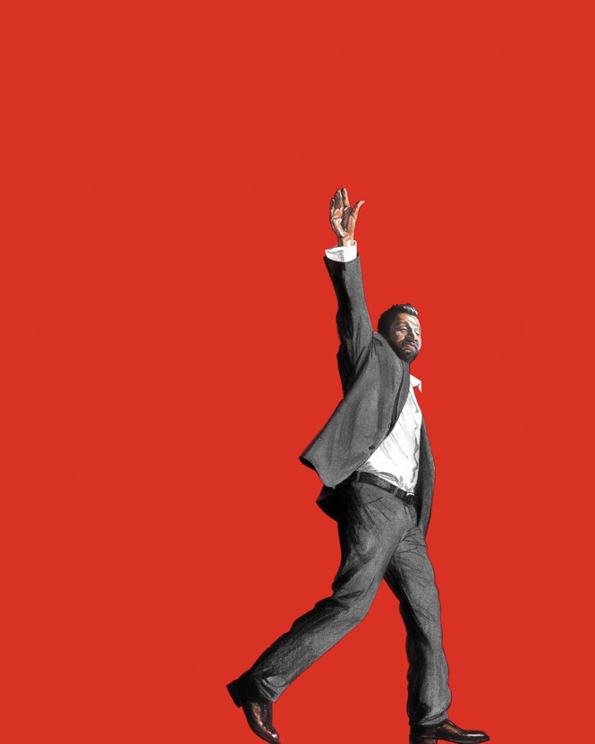 Illustration of Kash Patel striding forward, with one arm raised in a wave, wearing a gray suit on red background