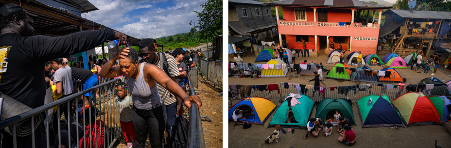 2 photos: man in black shirt pouring water over a woman's head next to metal barricades, with line of people behind her; colorful tents pitched in lines with clothes drying nearby in front of two-story building