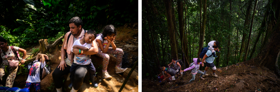 2 photos: group sitting on edge of jungle path with man holding sleeping child next to 2 other exhausted children; man wearing backpack and toddler on shoulders hiking up steep jungle path, holding hand of small child and followed by others