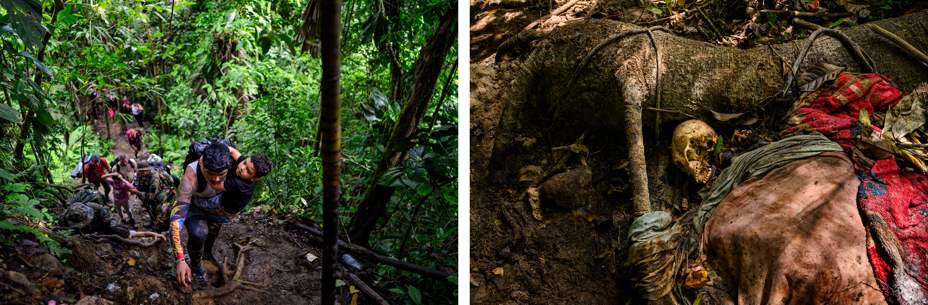 2 photos: man holding child in arms reaching for support as he climbs extremely steep trail, with more people following far below; human skull underneath dirty blankets lying on ground next to large tree roots
