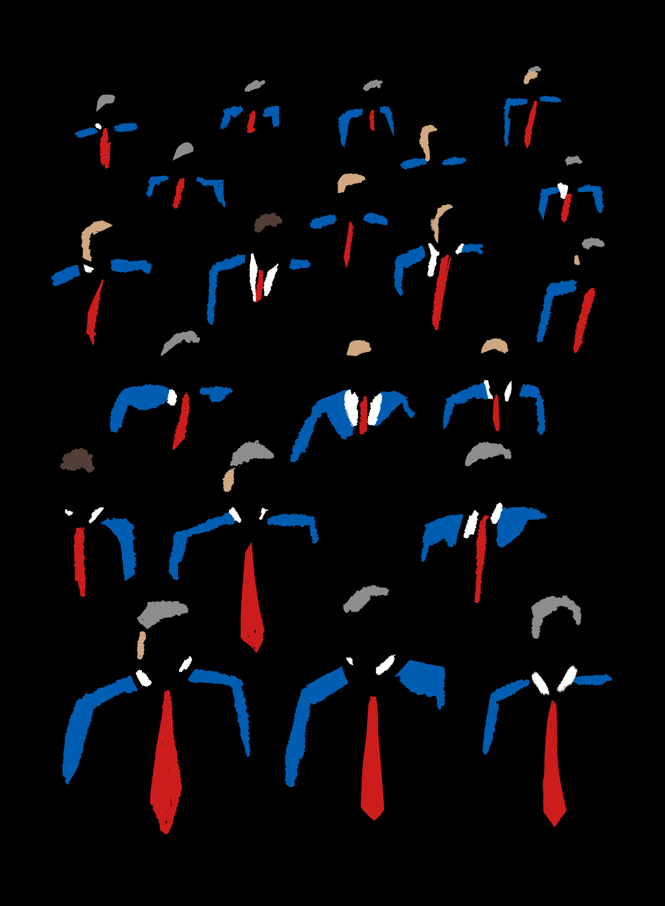 abstract illustration of rows of people in identical blue suits and red ties on black background