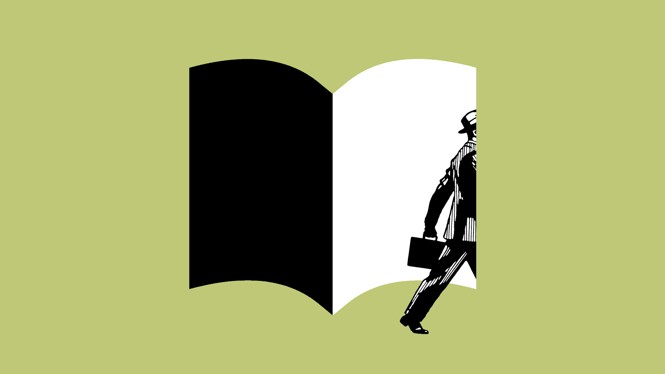 A man walking through a book-shaped hole