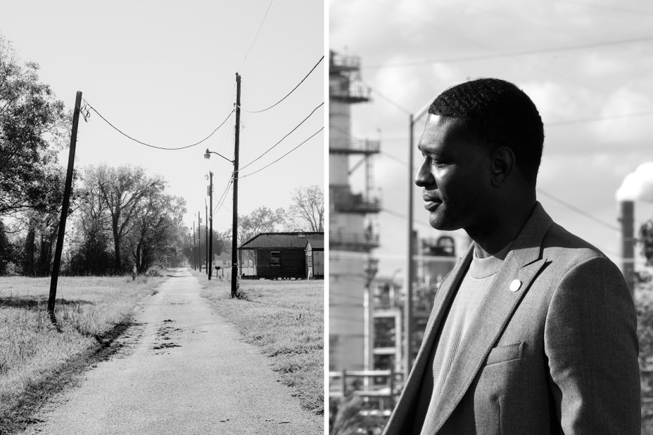 a black and white diptych showing a desolate road in Reserve, Louisiana on the left, and a portrait of Michael Regan on the right