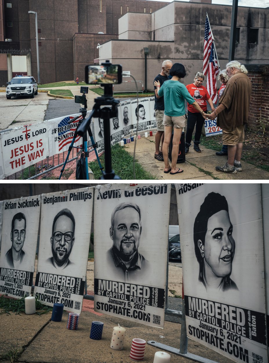 2 photos: small group of 5 people holding hands in circle and praying on street corner with U.S. flags and protest banners; photo of some of the black-and-white banners each with image of person, name, and text "Murdered by Capitol Police"