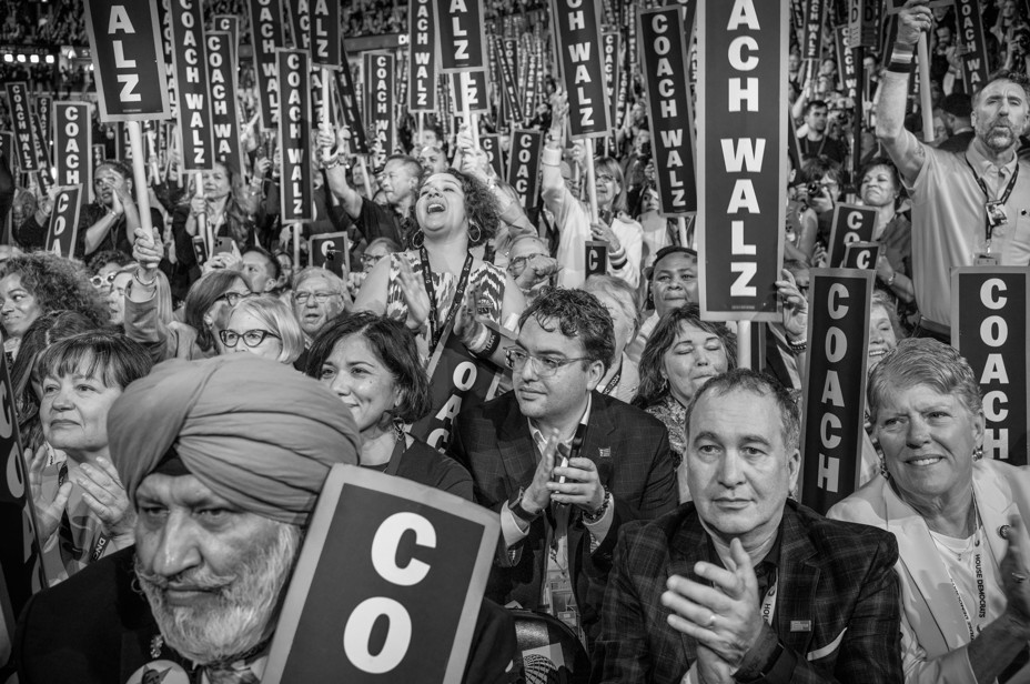 Members of the California Delegation cheer during Tim Walz‚Äôs acceptance speech at the Democratic National Convention.