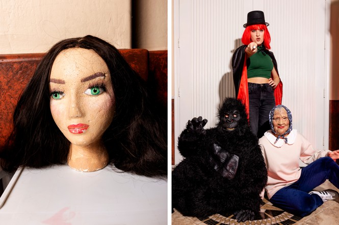 There are two vertical images. In the left image there is a mannequin head with brown hair and green eyes. In the right image there is a woman dressed with a top had on and a cape with a red wig on pointing a wand at the camera while a person dressed in a gorilla costume and another person dressed in a grandma wig sit on the ground.